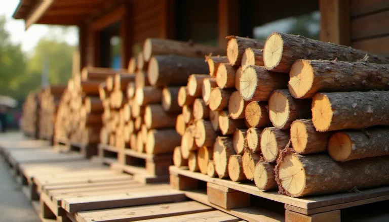 Palette de bois de chauffage en chêne exposée en extérieur dans un centre commercial, illustrant le bois de chauffage Leclerc vendu en grande surface