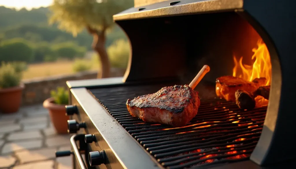 barbecue professionnel bois featured Barbecue professionnel bois en acier épais avec braises rougeoyantes et carré d'agneau saisi sur une terrasse provençale ensoleillée