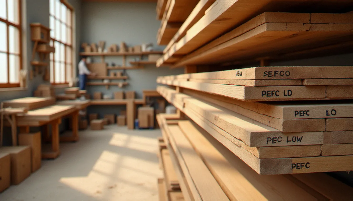 Planches de chêne bio belge certifié PEFC empilées dans un atelier de menuiserie artisanale, avec labels de certification visibles et grains naturels bien mis en valeur