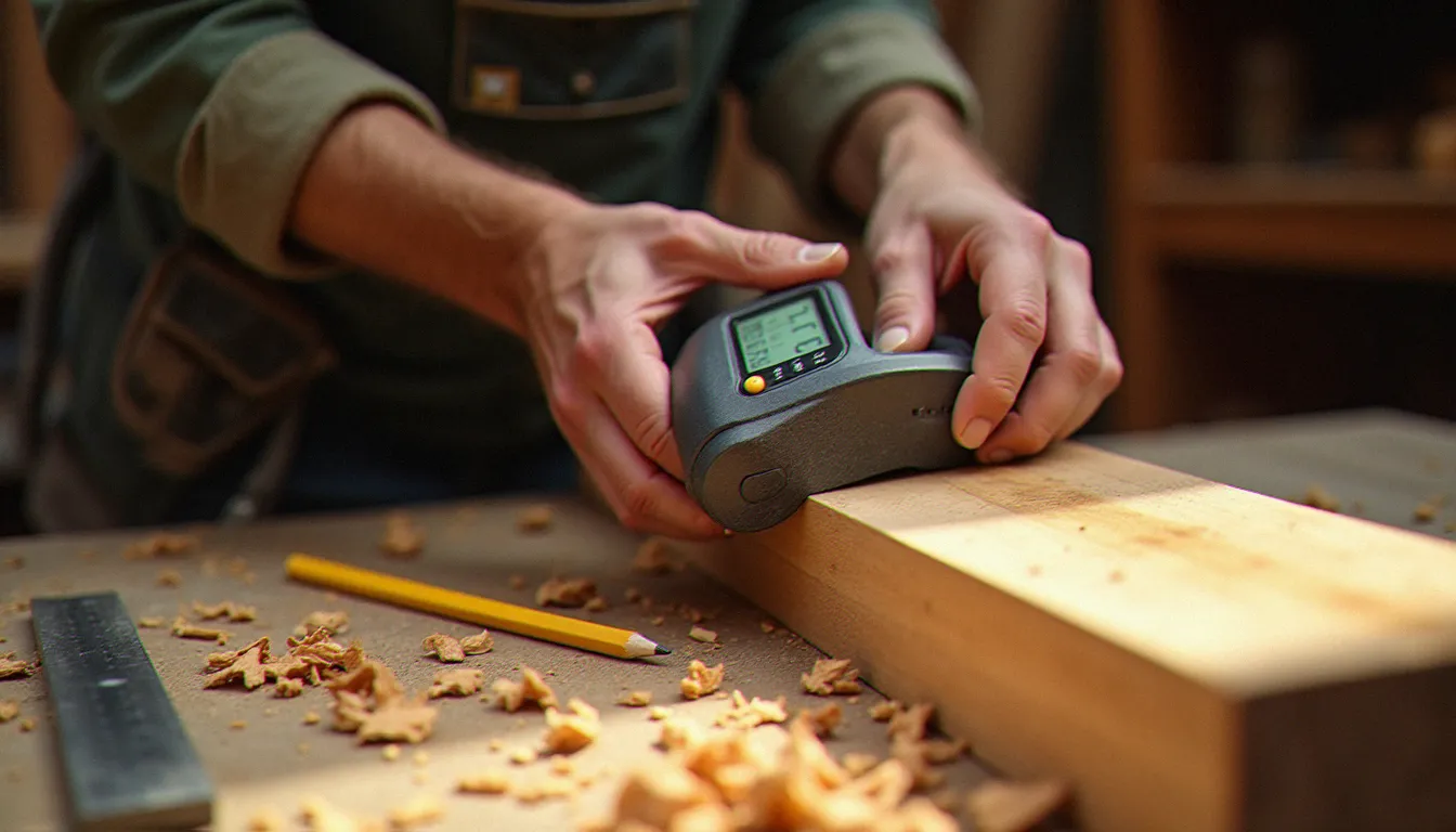 Artisan mesurant le taux d'humidité d'une pièce de Douglas bio belge avec un humidimètre numérique dans un atelier de charpente ensoleillé