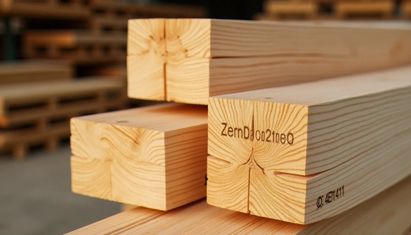 Planches de douglas français avec étiquettes de certification empilées dans un dépôt de bois professionnel, illustrant la qualité des matériaux Bois France Pro