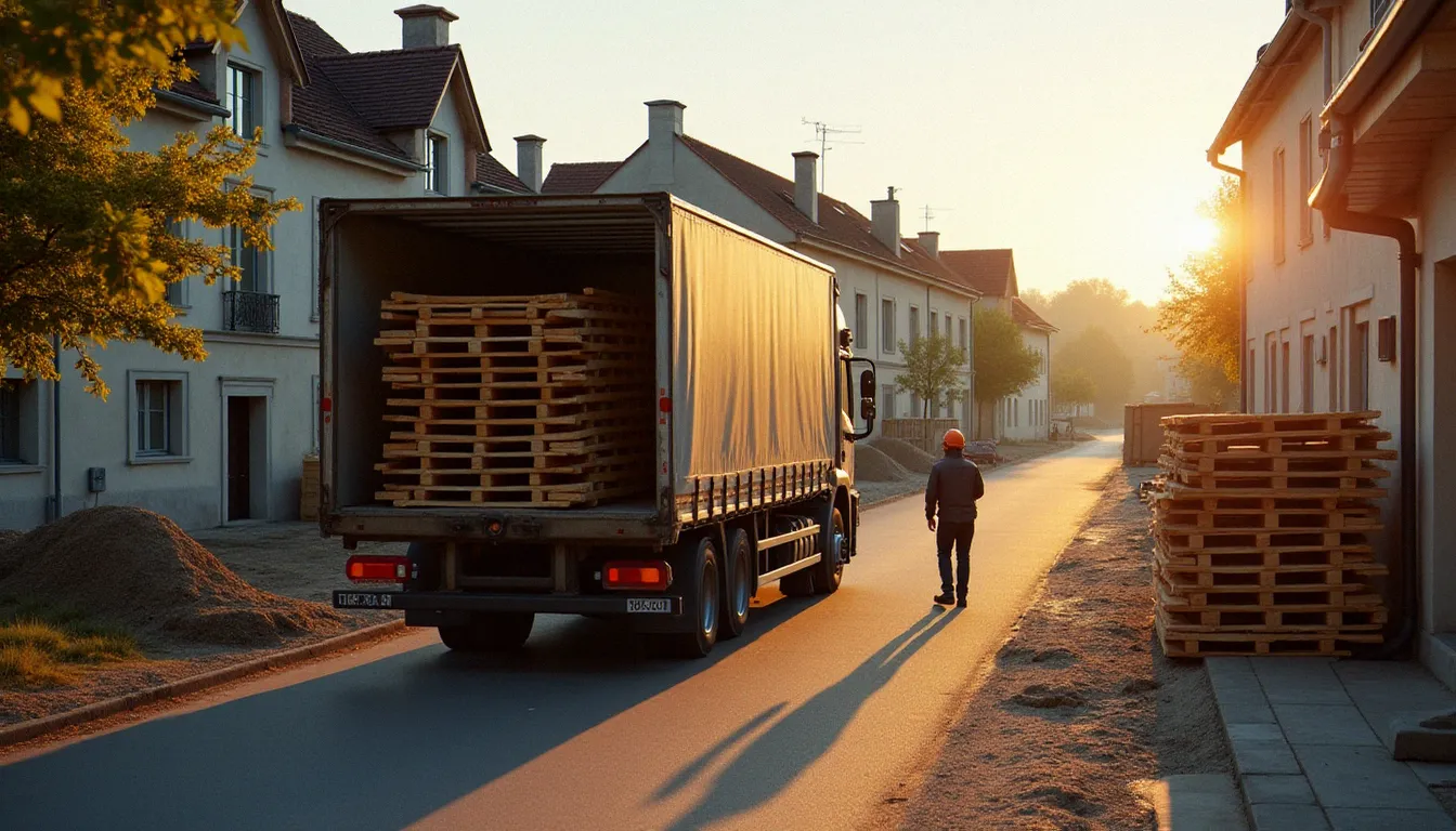 Livraison de palettes de bois sur un chantier de construction en France, illustrant les délais et le service de livraison d'un fournisseur bois professionnel