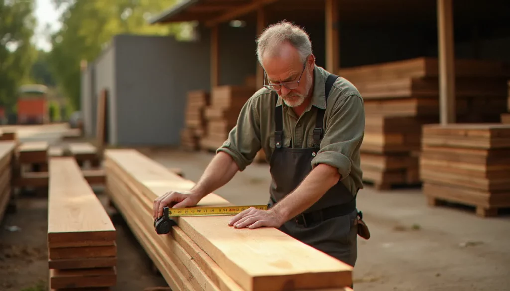 Artisan charpentier inspectant une livraison de bois France Pro douglas dans une cour d'atelier ensoleillée du sud de la France