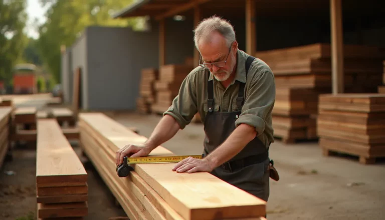 Artisan charpentier inspectant une livraison de bois France Pro douglas dans une cour d'atelier ensoleillée du sud de la France