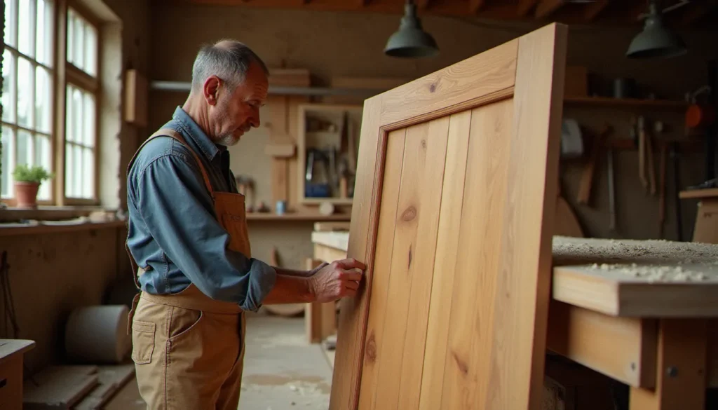 Artisan menuisier examinant une porte en bois de chêne massif dans un atelier de menuiserie, illustrant le bois prix d'une porte selon les essences
