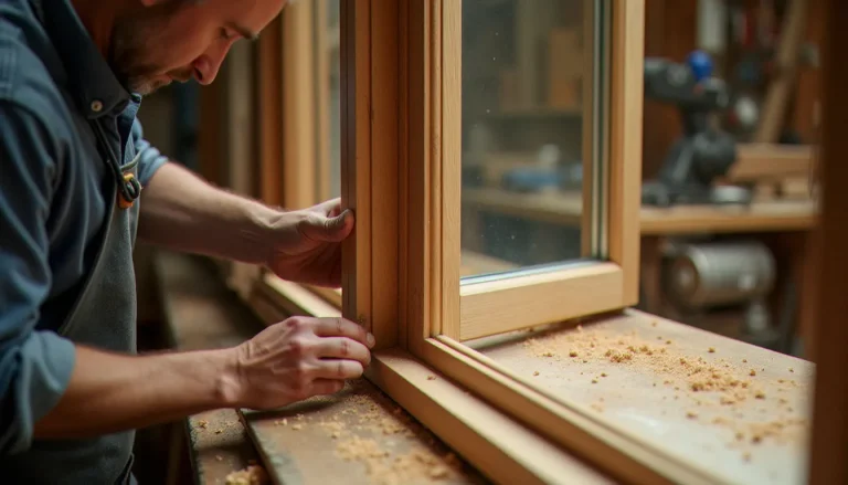 Artisan menuisier assemblant un châssis de fenêtre en bois double vitrage dans un atelier, illustrant le savoir-faire nécessaire à la fabrication d'une menuiserie bois de qualité