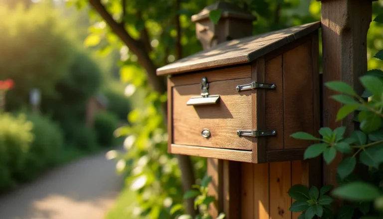 Boîte aux lettres en bois extérieur artisanale en chêne massif, montée sur un piquet bois devant une propriété de campagne française