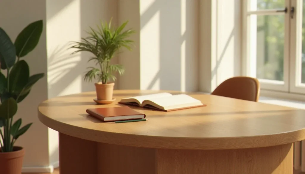 bureau bois arrondi featured Bureau bois arrondi en chêne massif dans un bureau à domicile lumineux, bords arrondis visibles et grain du bois naturel apparent