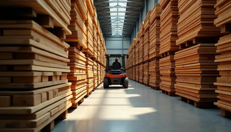 Vue d'une agence de distribution de bois et matériaux du groupe Dubois avec des piles de bois de charpente classés par essences et sections