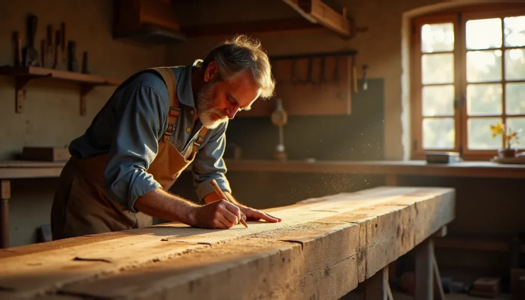 les metiers du bois qui recrutent featured Artisan charpentier mesurant une poutre en chêne dans un atelier traditionnel du Midi, illustrant les métiers du bois qui recrutent en France
