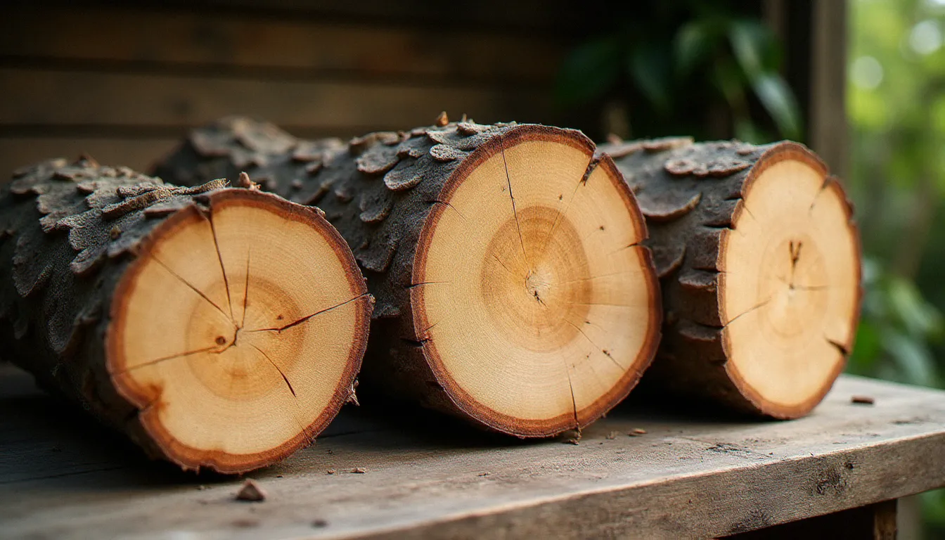 Comparaison côte à côte de trois bûches de bois de chauffage — chêne, hêtre et frêne — sur un établi d'artisan, montrant les différences de grain, d'écorce et de densité à la coupe