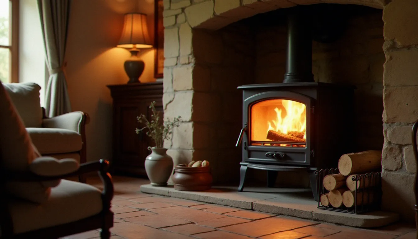Poêle à bois en fonte noir allumé avec des bûches de chêne sec dans un salon rustique du sud de la France, flammes vives visibles à travers la vitre, ambiance chaleureuse de chauffage au bois