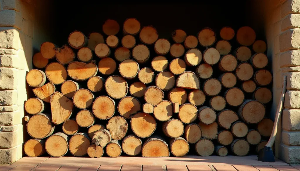 Rangée de bûches de chêne et de charme soigneusement empilées dans un bûcher en pierre du Sud de la France, illustrant le classement du meilleur bois de chauffage