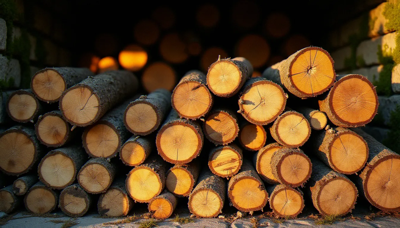 Stère de chêne fendu et bien séché empilé sous un appentis en pierre dans le sud de la France, bûches de meilleur bois de chauffage avec fentes radiales visibles sur les coupes