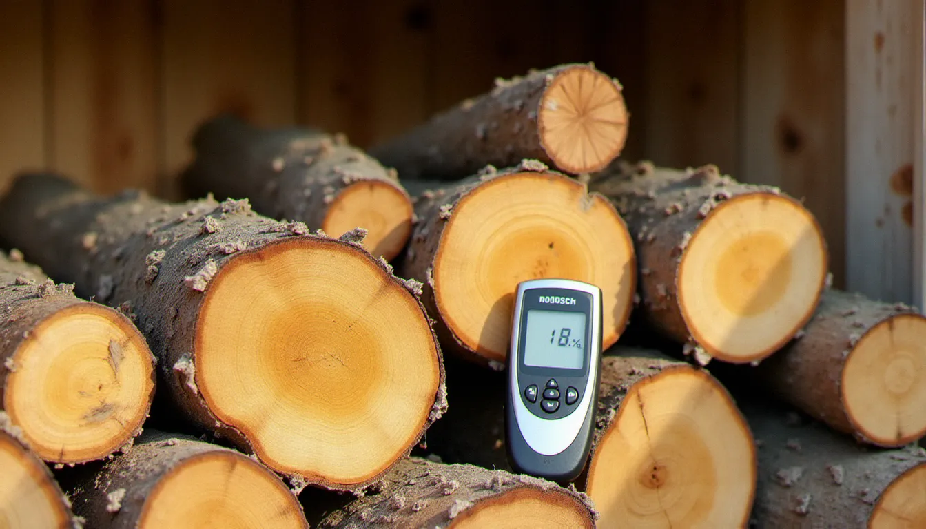 Tas de bûches de hêtre et de chêne fendues séchant sous un abri en bois avec un humidimètre posé dessus affichant 18% d'humidité