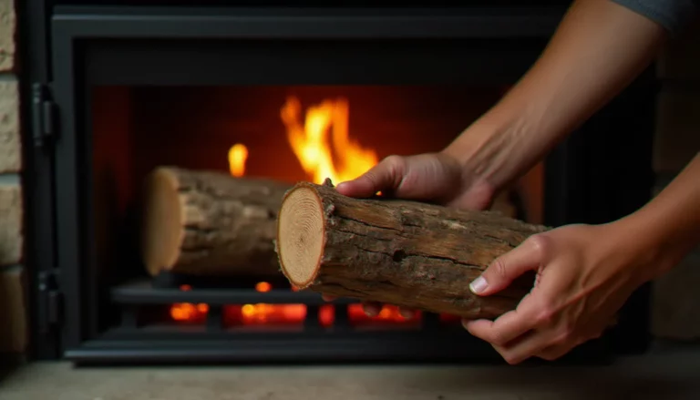 Bûche de chêne fendue placée dans un insert de cheminée moderne, illustrant le choix du meilleur bois de chauffage pour insert