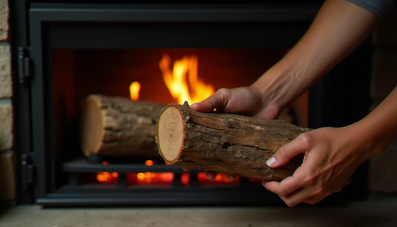 Bûche de chêne fendue placée dans un insert de cheminée moderne, illustrant le choix du meilleur bois de chauffage pour insert
