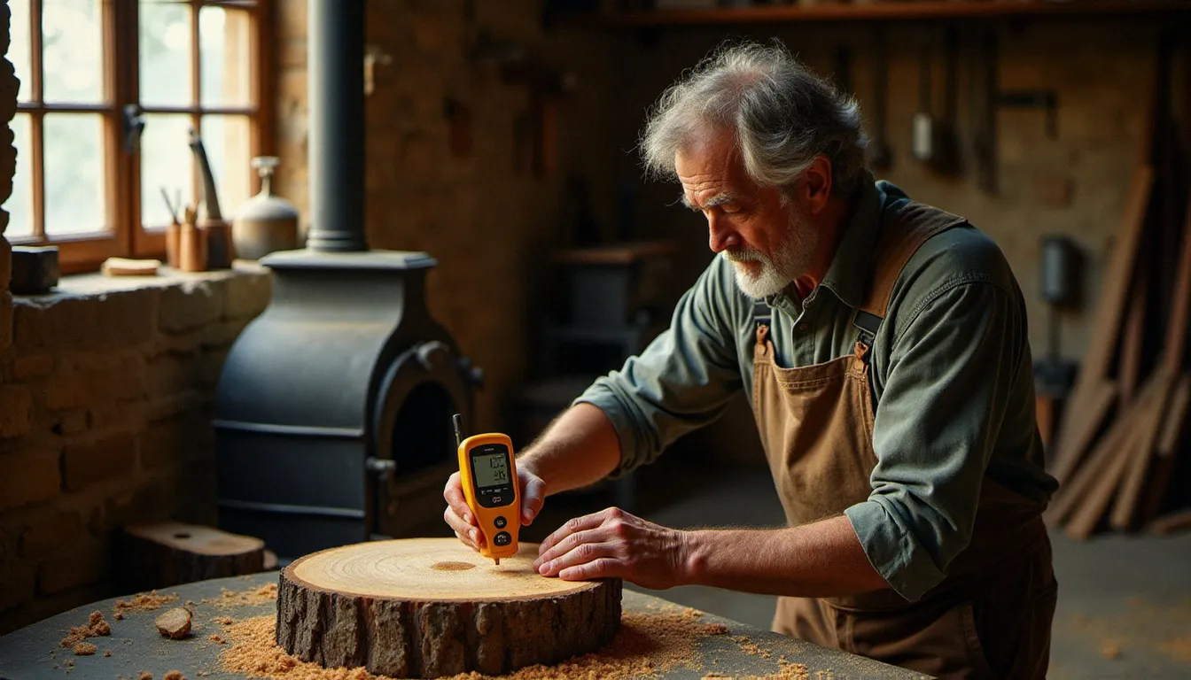 Artisan mesurant le taux d'humidité d'une bûche de chêne avec un hygromètre numérique devant un poêle à bois en fonte dans un atelier rustique