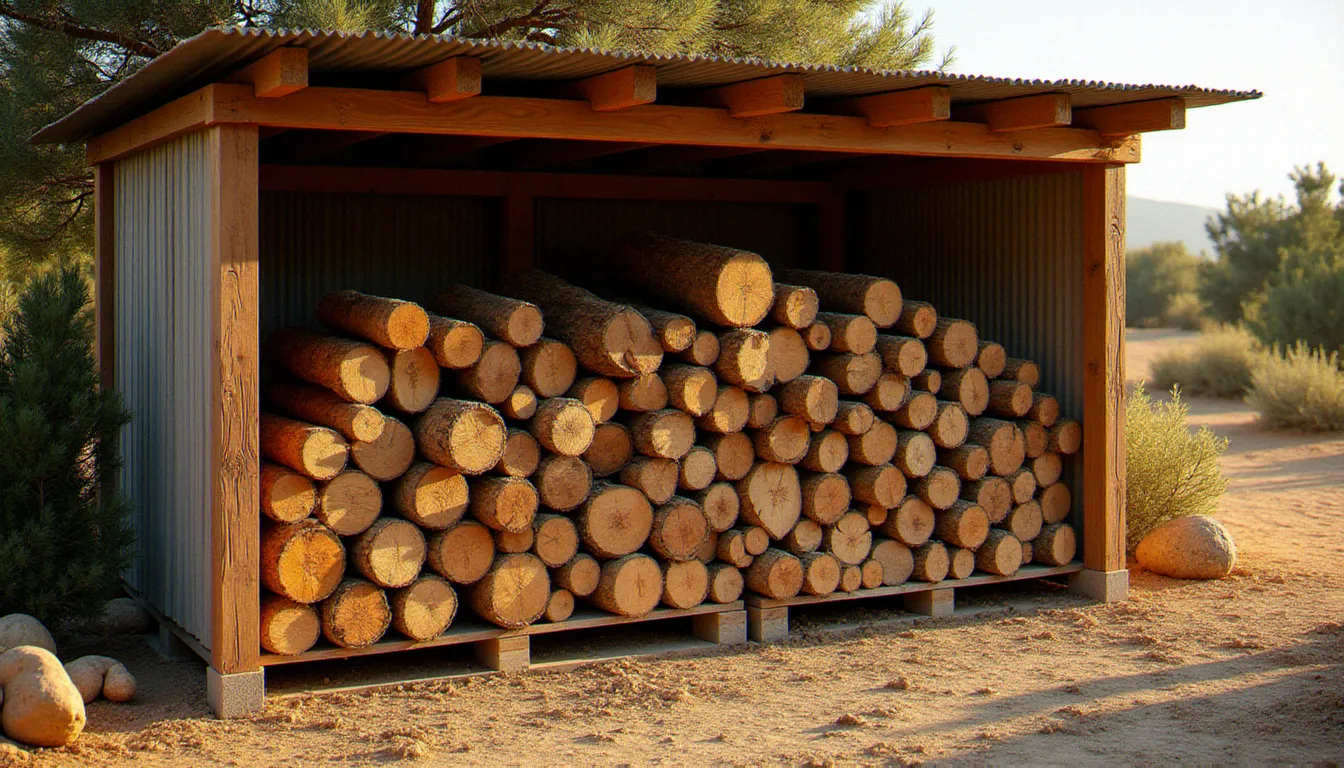 Rangement soigné de bûches de frêne et de charme sous un abri ouvert surélevé sur palette, dans un jardin méditerranéen du Languedoc-Roussillon