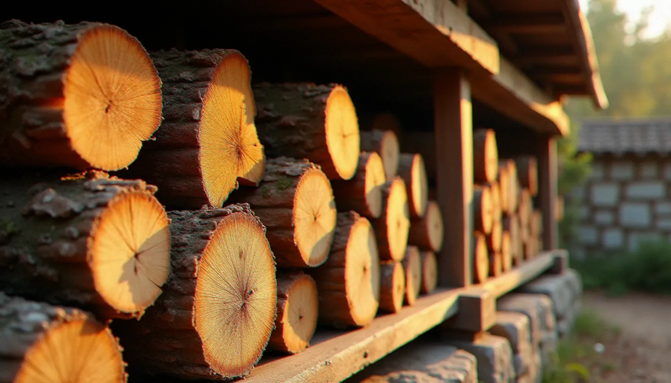Stère de chêne fendu et bien séché, meilleur bois de chauffage pour poêle, empilé dans un abri à bois ensoleillé de l'Hérault