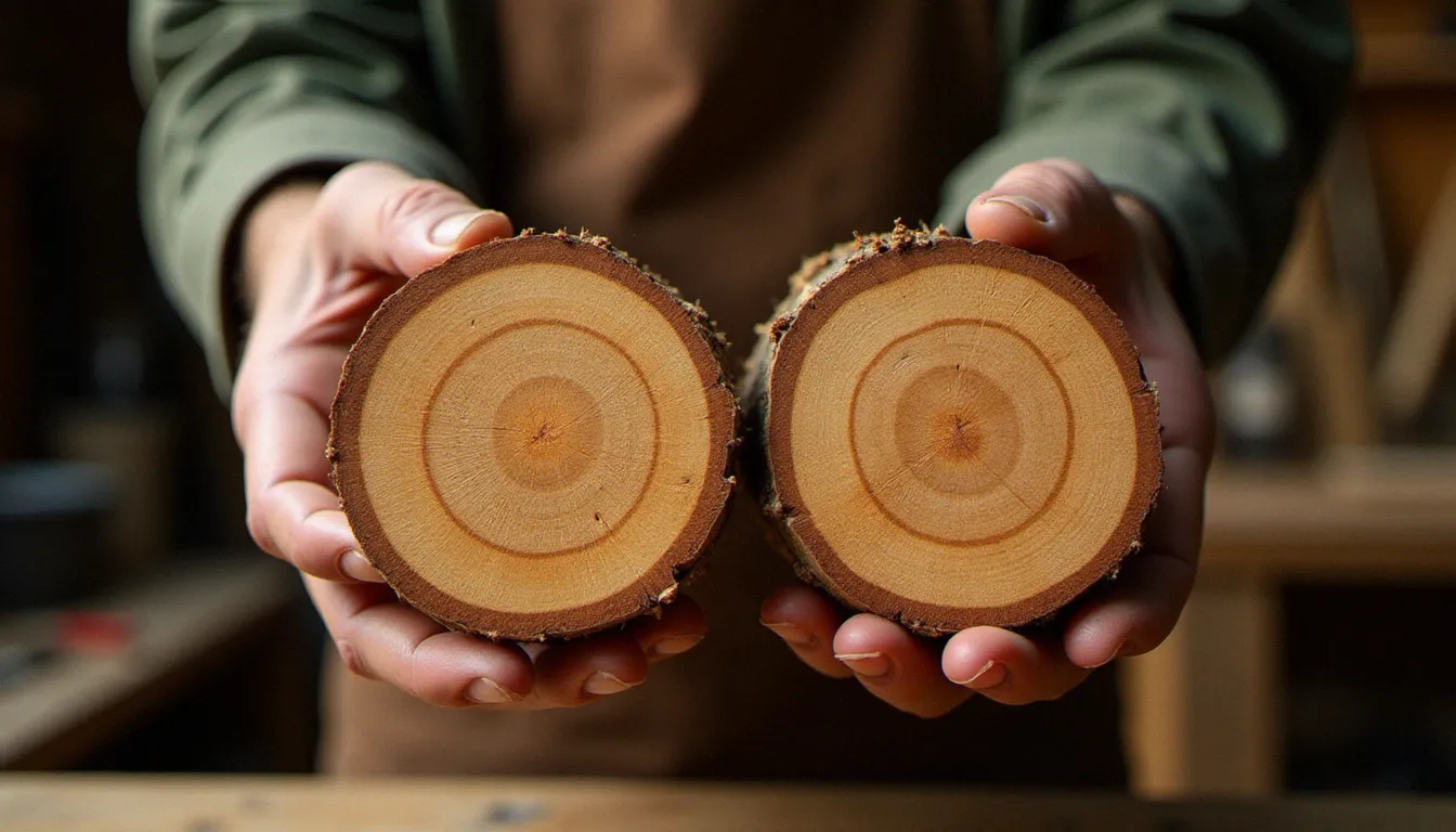 Artisan tenant deux bûches fendues de hêtre pour comparer leur texture et leur densité, dans un atelier bois artisanal