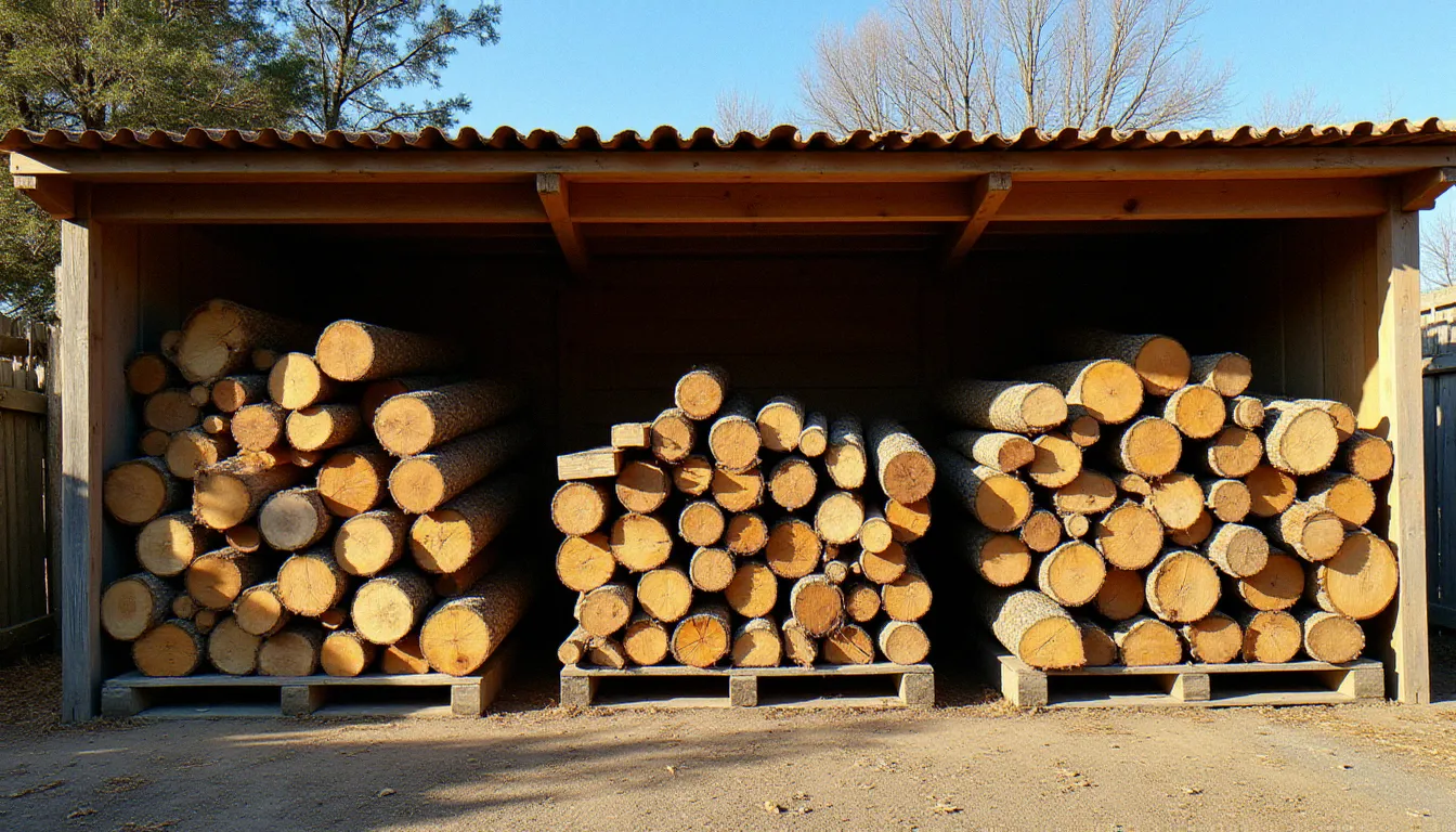 Abri à bois bien ventilé avec stères de chêne surélevés sur palettes et couverts d'un toit ouvert sur les côtés, exemple de stockage idéal pour sécher le bois de cheminée