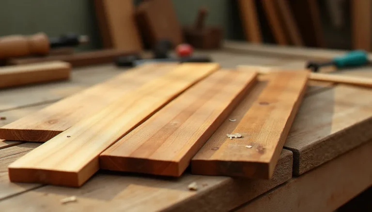 Comparaison de plusieurs essences de bois pour l'extérieur posées sur un établi d'artisan, montrant le grain naturel du meilleur bois pour l'extérieur