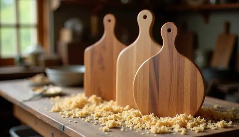 Trois planches à découper en bois massif côte à côte — noyer, érable et hêtre — illustrant les meilleures essences pour une planche à découper artisanale