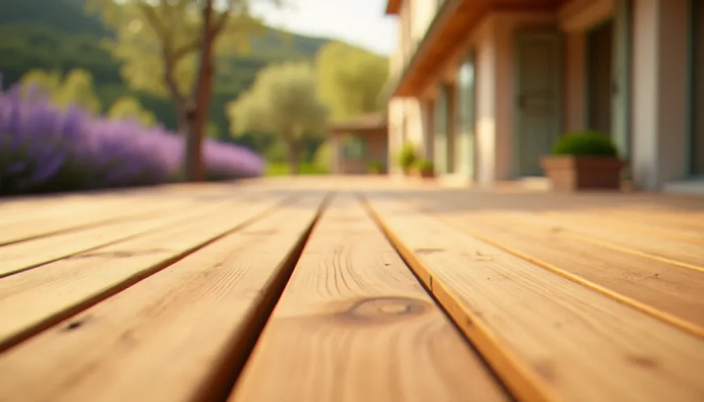 Terrasse en bois de robinier aux lames bien espacées baignées de lumière méditerranéenne, illustration du choix du meilleur bois pour terrasse en région Sud