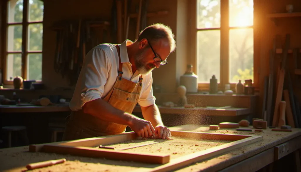 meslin menuiserie featured 1 Artisan menuisier en train de travailler une pièce de chêne dans son atelier, illustrant le savoir-faire de meslin menuiserie dans l'Hérault