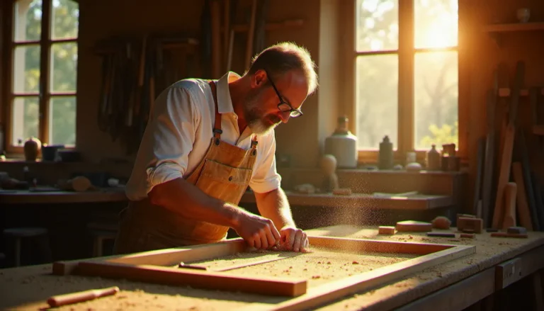 Artisan menuisier en train de travailler une pièce de chêne dans son atelier, illustrant le savoir-faire de meslin menuiserie dans l'Hérault