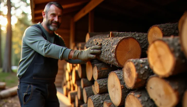 Artisan bûcheron empilant des bûches de chêne séchées certifiées qualibois 2025 dans un abri à bois provençal