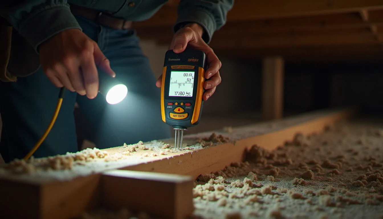 Artisan mesurant le taux d'humidité d'une solive en bois dans un vide sanitaire humide à l'aide d'un humidimètre à pointes