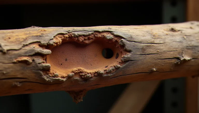 Poutre en chêne ancienne montrant des agents de dégradation du bois : pourriture brune, trous d'insectes xylophages et fissures dues à l'humidité