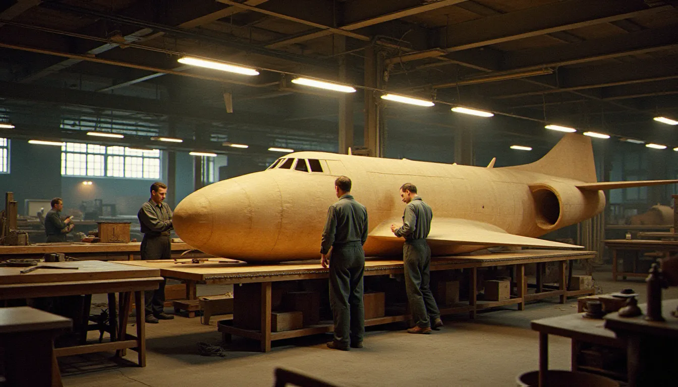Ouvriers appliquant des placages de bouleau croisés sur le moule de fuselage d'un avion monocoque en bois dans une usine britannique des années 1940