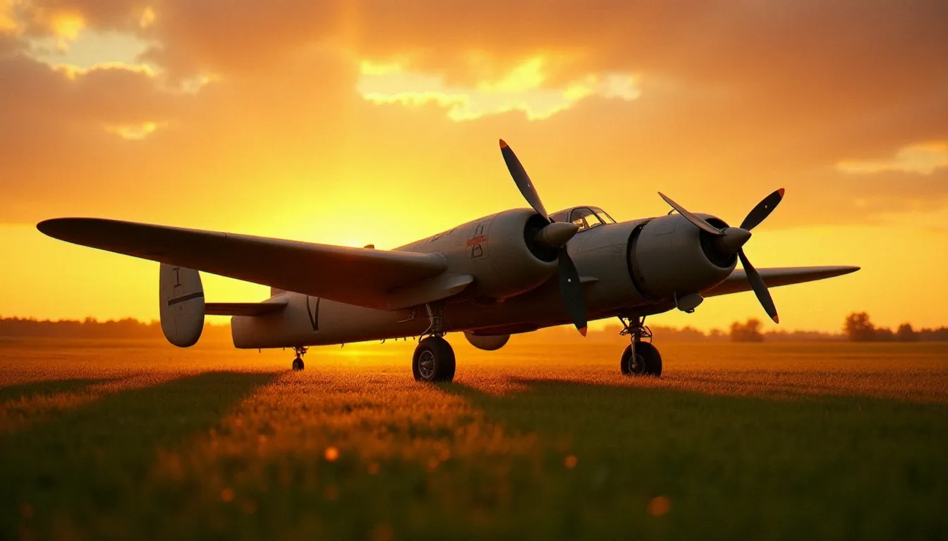 De Havilland Mosquito restauré posé sur une piste en herbe à l'heure dorée, la structure monocoque en bois de bouleau visible sous la peinture lustrée