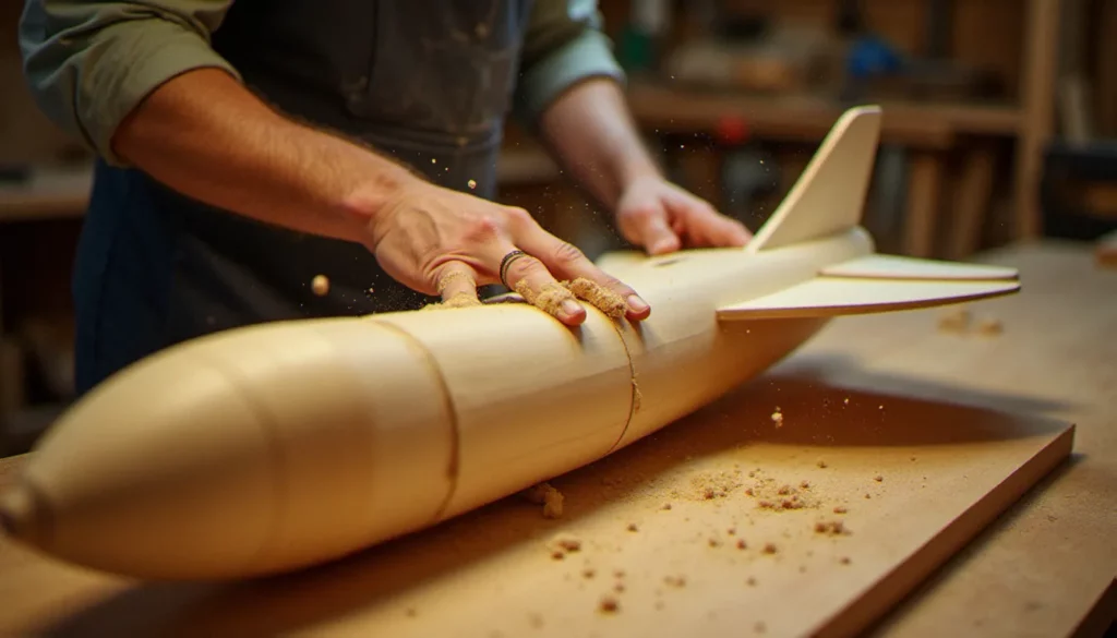 Artisan appliquant des couches de contreplaqué de bouleau sur un moule de fuselage d'avion monocoque en bois dans un atelier de menuiserie traditionnel
