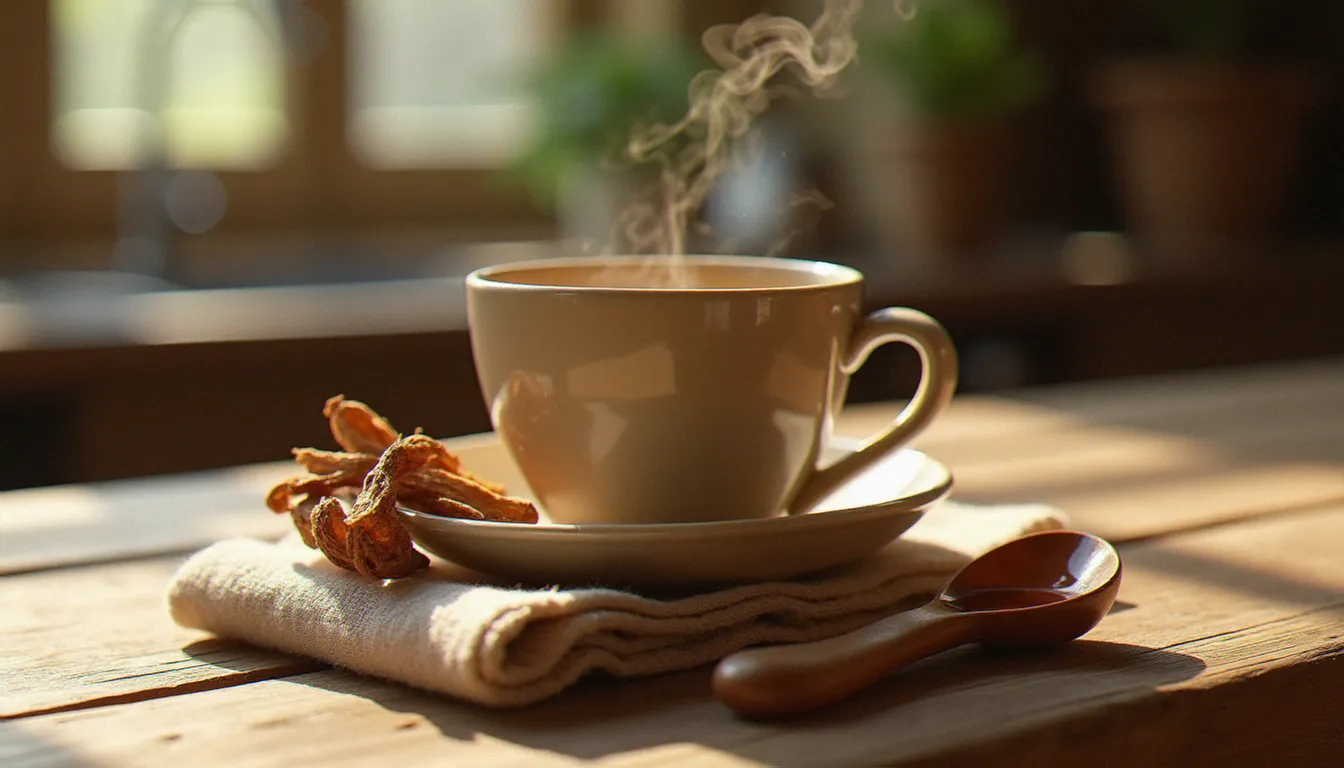 Tasse fumante d'infusion de bois bandé servie sur une table en bois avec écorces séchées disposées autour, illustrant la méthode de préparation traditionnelle caribéenne