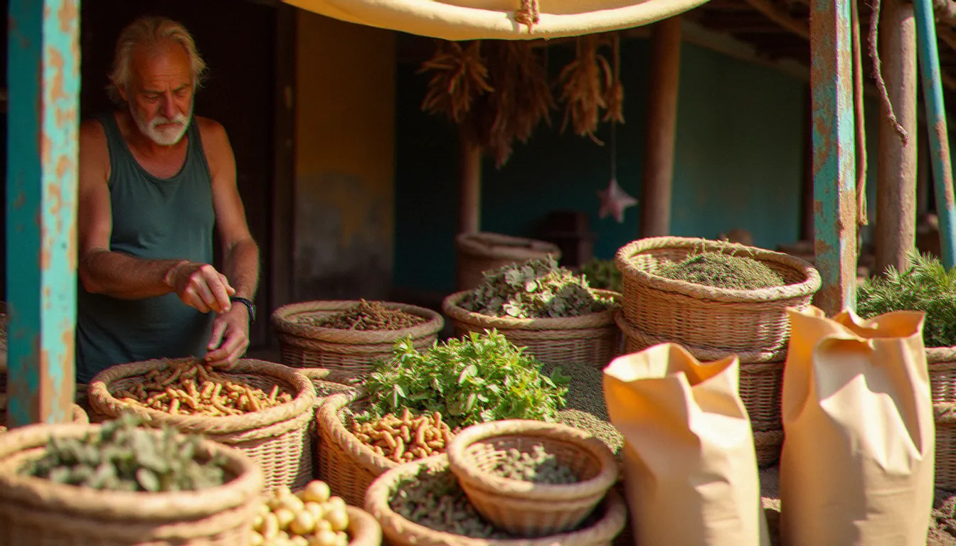 Étal de marché traditionnel antillais en Martinique présentant différentes formes de bois bandé séché et plantes locales, illustration authentique du choix disponible sur le marché caribéen