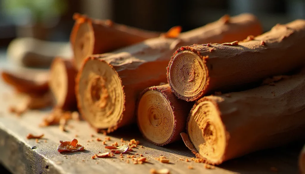 Morceaux d'écorce séchée de bois bandé posés sur un établi d'artisan en chêne, au cœur d'un avis bois bandé détaillé et illustré