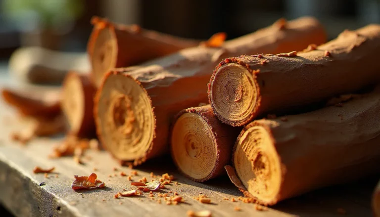 Morceaux d'écorce séchée de bois bandé posés sur un établi d'artisan en chêne, au cœur d'un avis bois bandé détaillé et illustré
