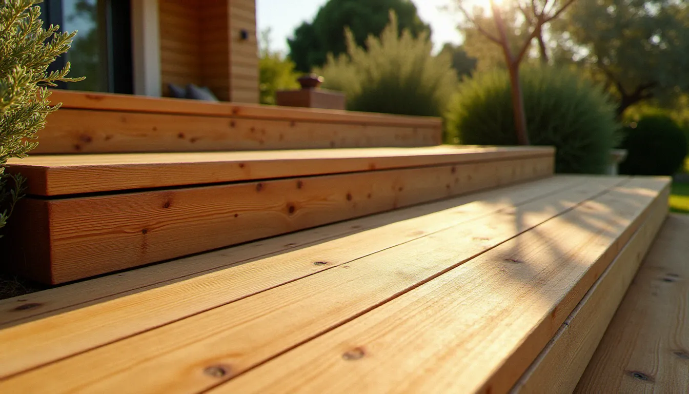 Terrasse en pin douglas à deux niveaux réalisée par l'artisan bois baptiste dans le département de l'Hérault, exemple concret des projets cités dans les avis clients