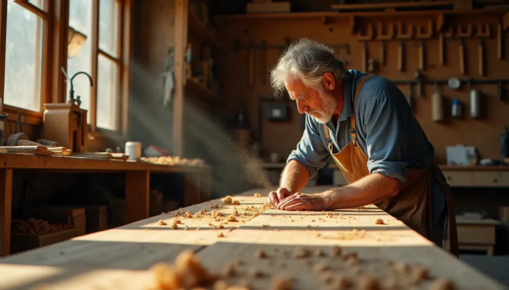 Artisan bois Baptiste Roussel examinant une planche de chêne dans son atelier à Béziers, incarnant la qualité et le sérieux évoqués dans les avis bois baptiste