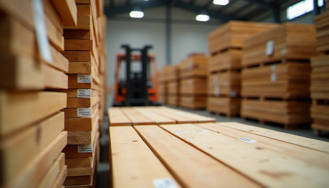 Palette de planches certifiées PEFC dans un entrepôt de négoce bois avec étiquettes de traçabilité visibles, gamme de produits bois structurels et de menuiserie