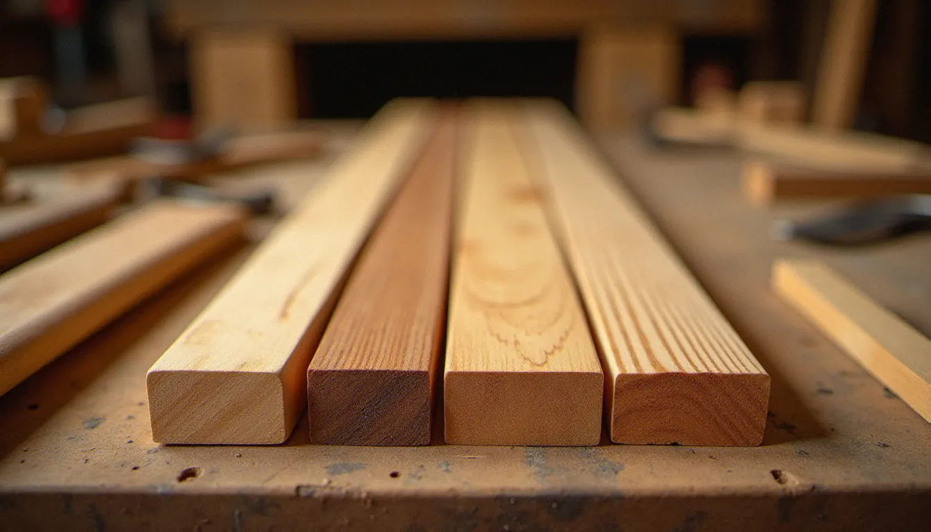 Comparaison d'échantillons de bois de différentes essences posés sur un établi d'atelier, illustration du critère de qualité dans un avis bois colombes artisan