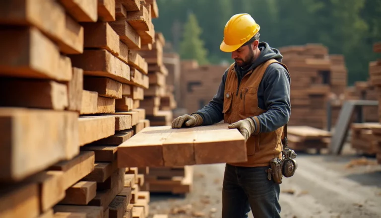 Artisan charpentier inspectant des planches de douglas empilées dans un dépôt de bois, donnant un avis bois colombes professionnel sur la qualité des matériaux