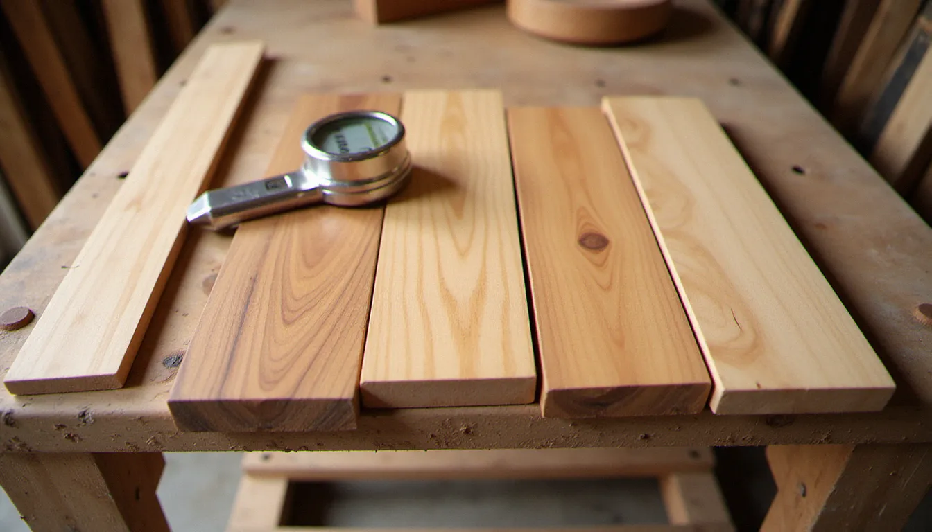 Comparaison d'essences de bois naturels sur un établi d'artisan — chêne, robinier et châtaignier de la région Occitanie avec hygromètre