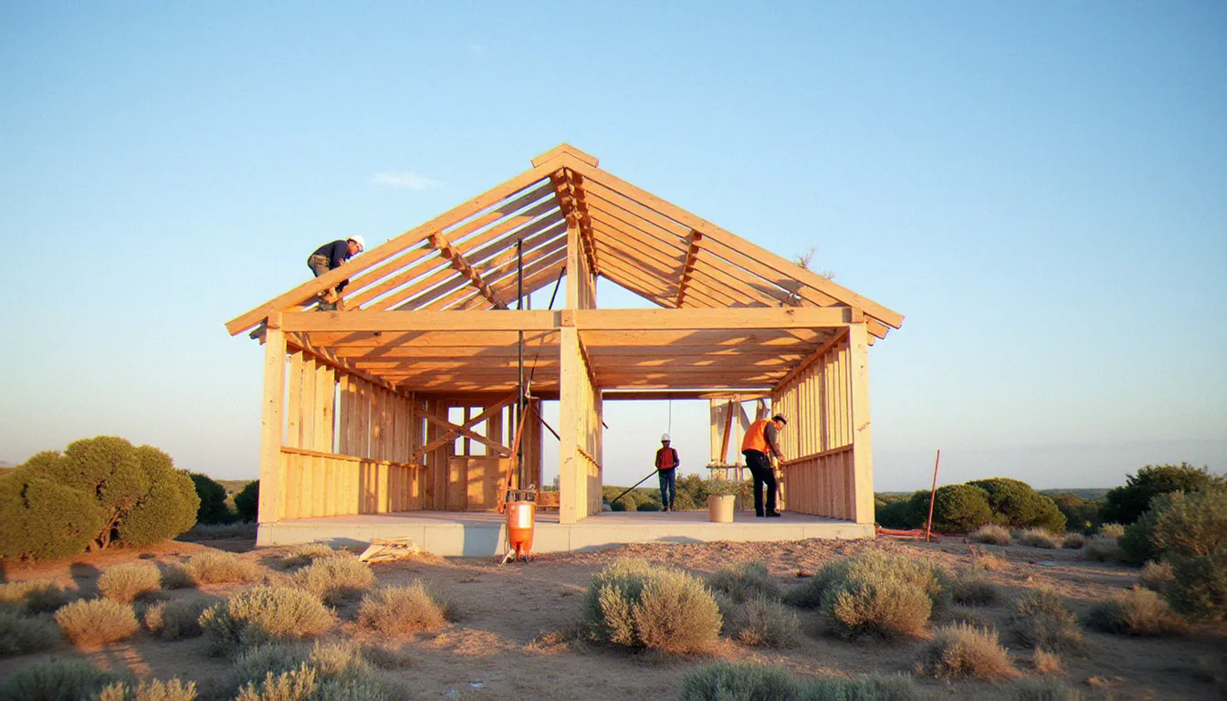 Chantier de construction d'une maison à ossature bois en Languedoc avec des matériaux naturels certifiés et charpentiers au travail