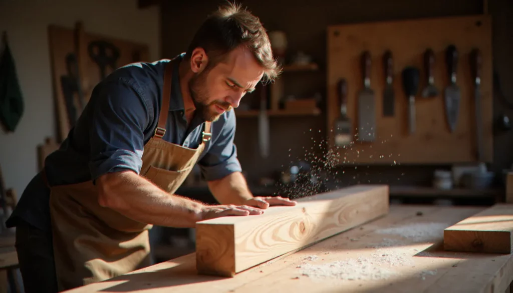 Artisan bois examinant une planche de chêne massif dans son atelier — avis bois et nature d'un professionnel bézierois