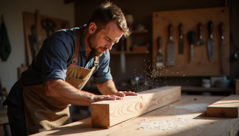 Artisan bois examinant une planche de chêne massif dans son atelier — avis bois et nature d'un professionnel bézierois